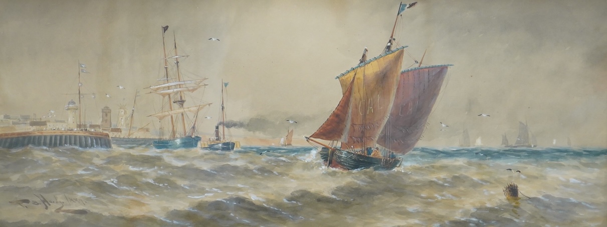 Thomas Bush Hardy (1842-1897), Maritime scene with ships before a lighthouse, dated 1889, watercolour heightened with white, 29 x 75cm, ornate gilt frame